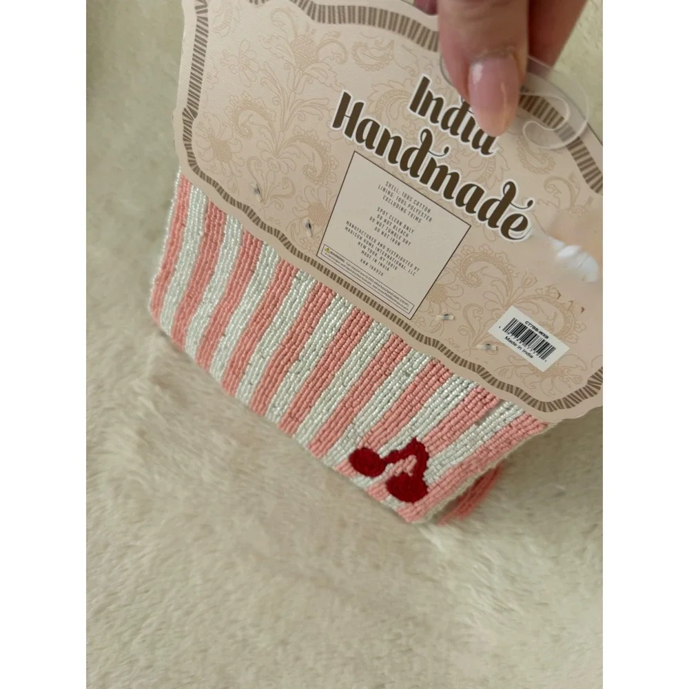 NWT Viral Cherries Stripes Beaded Pouch, Handmade India, tassel, Pink, White,Red
